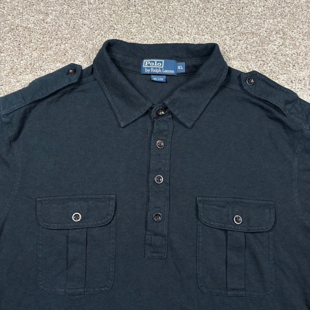 Polo Ralph Lauren Mens XL Black Military Safari Polo Shirt Epaulettes Cotton